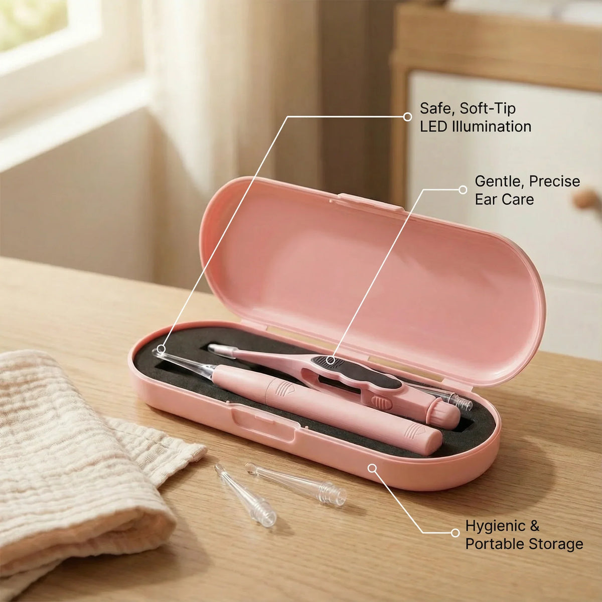 Pink LED ear care kit with soft-tip tools in hygienic portable case on wooden table