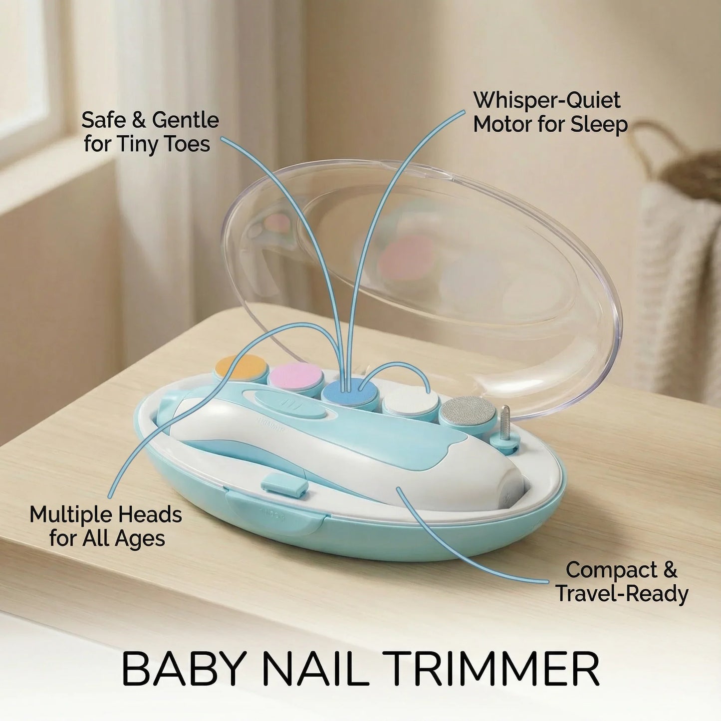 Baby nail trimmer set with multiple heads, safe compact design, and whisper-quiet motor