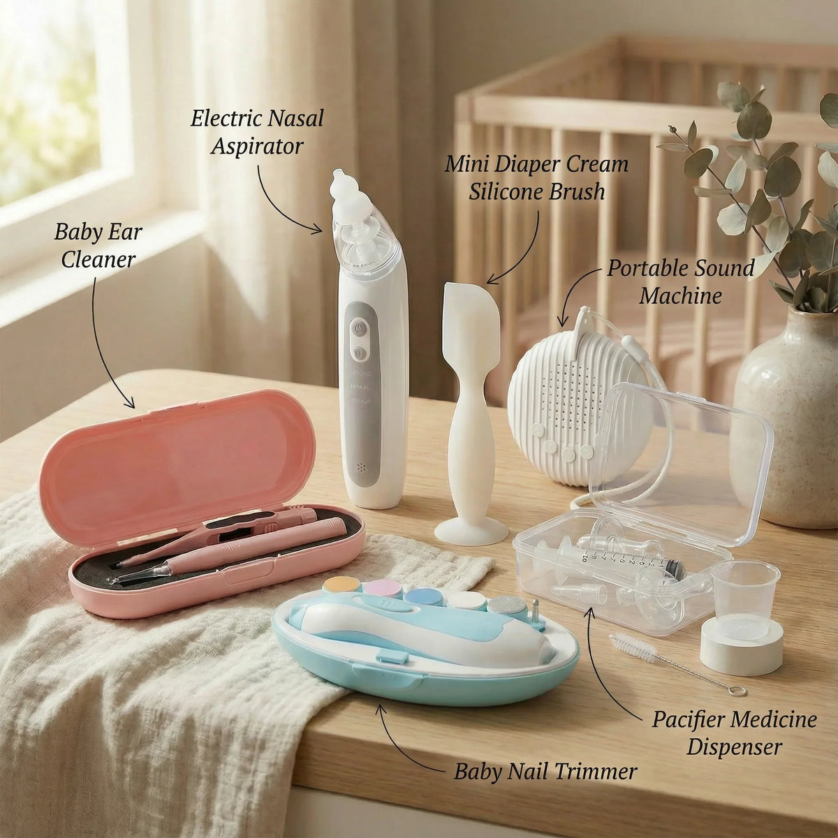 Selection of baby care products including ear cleaner, electric nasal aspirator, nail trimmer, diaper cream brush, portable sound machine, and pacifier medicine dispenser on nursery table.