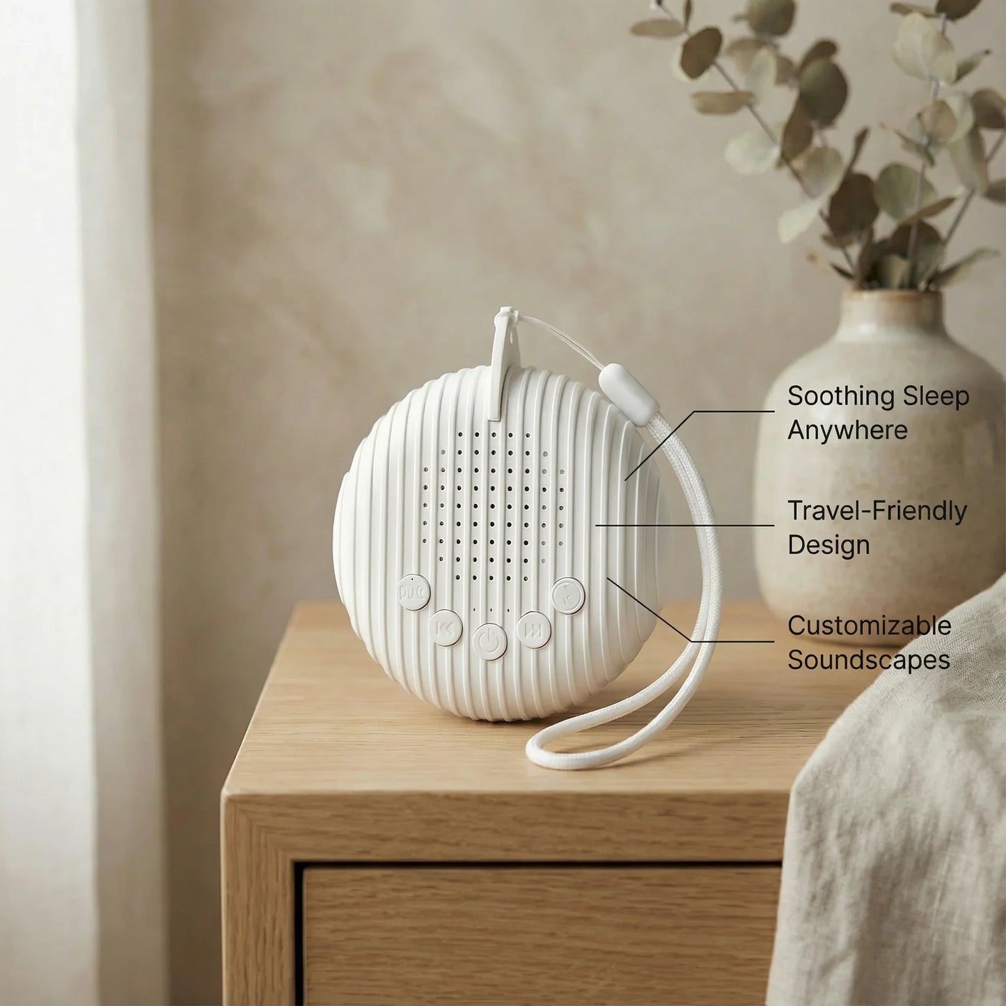 White portable sound machine with buttons, travel-friendly sleep aid on wooden nightstand