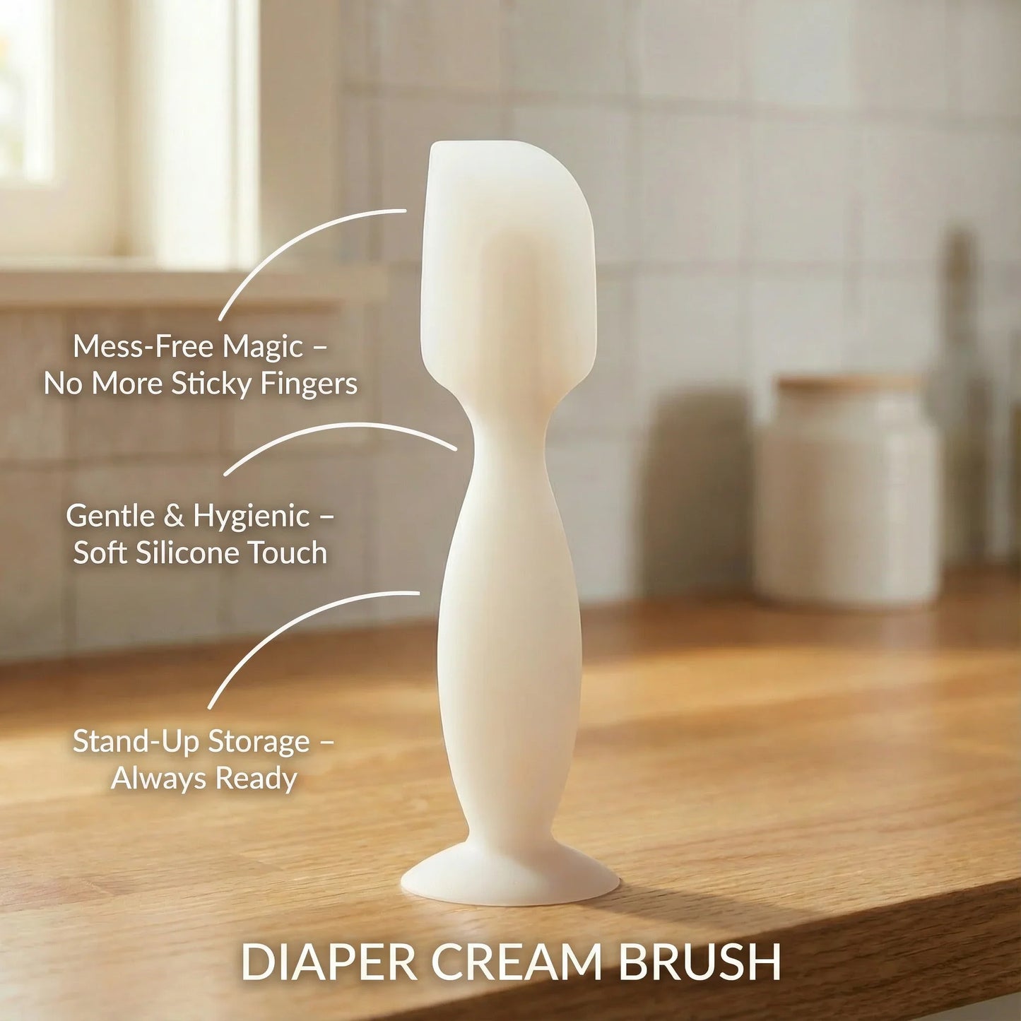Silicone diaper cream brush on a kitchen counter, mess-free, hygienic, stand-up storage.