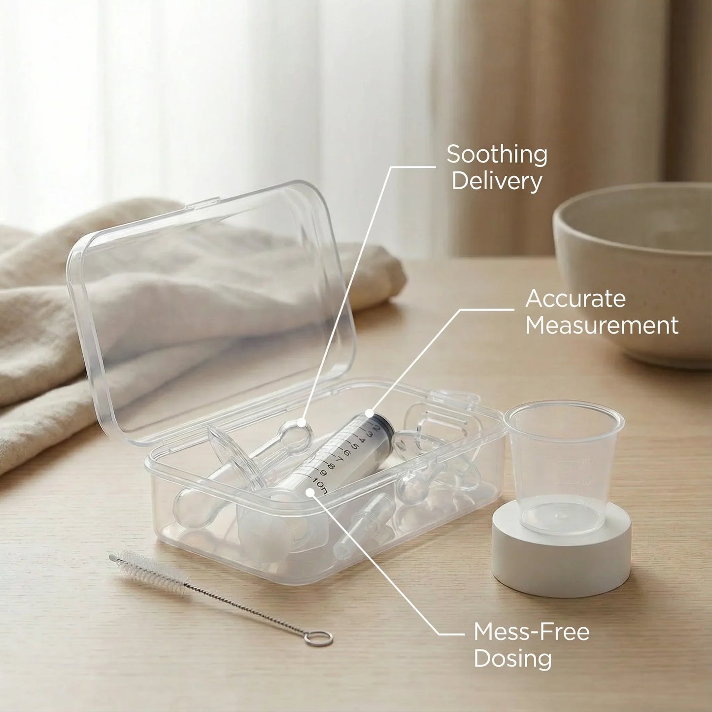 Clear medicine dosing kit with syringe, cup, and cleaning brush on table, labeled benefits