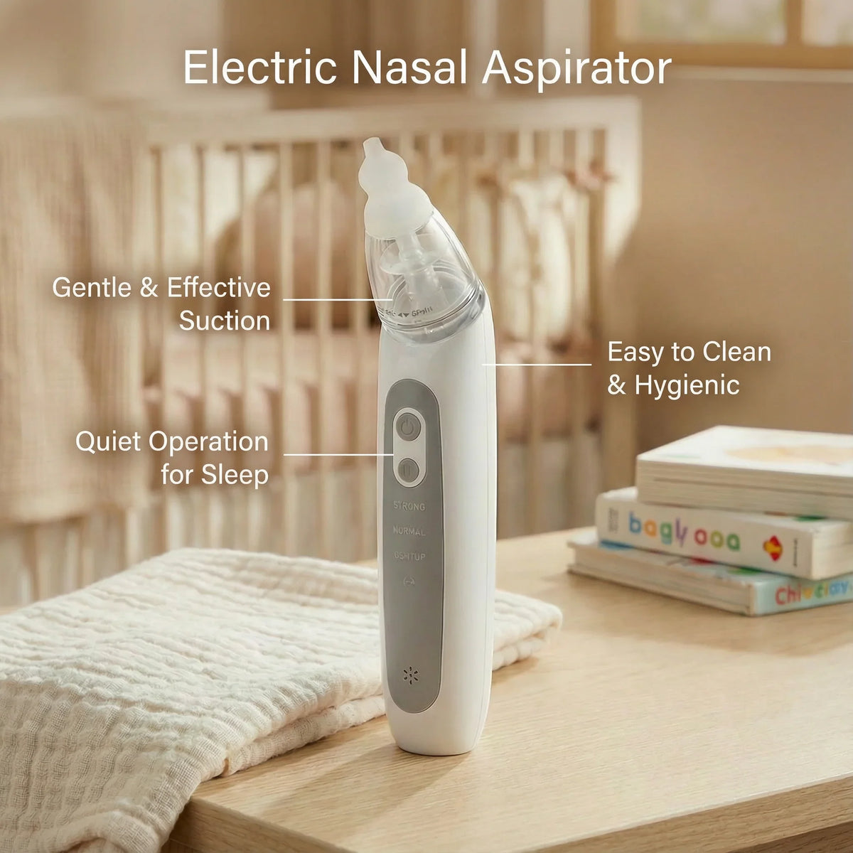 Electric nasal aspirator with gentle suction in a nursery, quiet and easy to clean